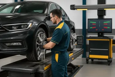 Técnico realizando alinhamento de rodas em Campo Largo.