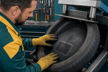 Técnico realizando vulcanização de pneus em Campo Largo.